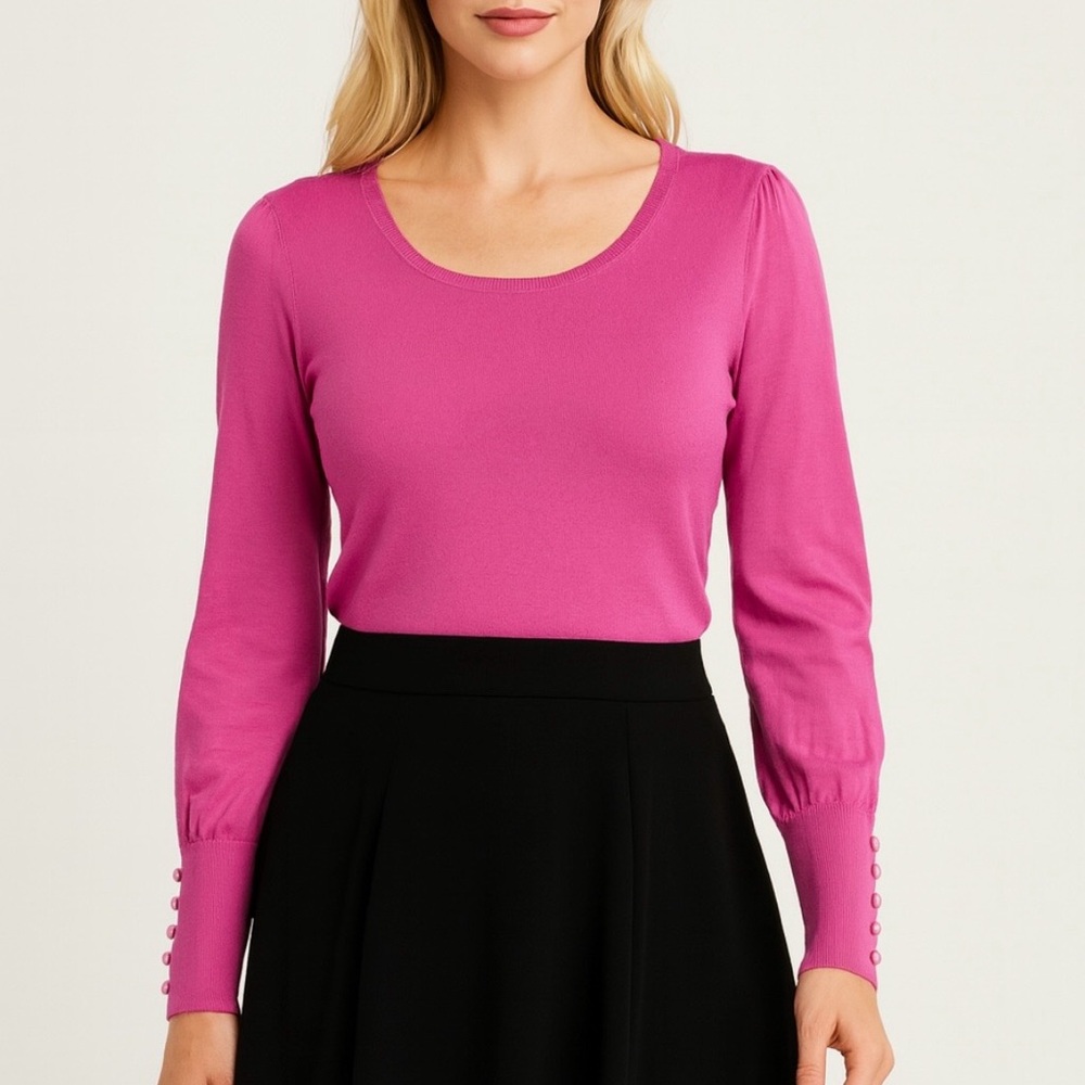 Talbots Petite Pink Pure Merino Wool Pearly Sleeve Coquette Scoop Neck Sweater